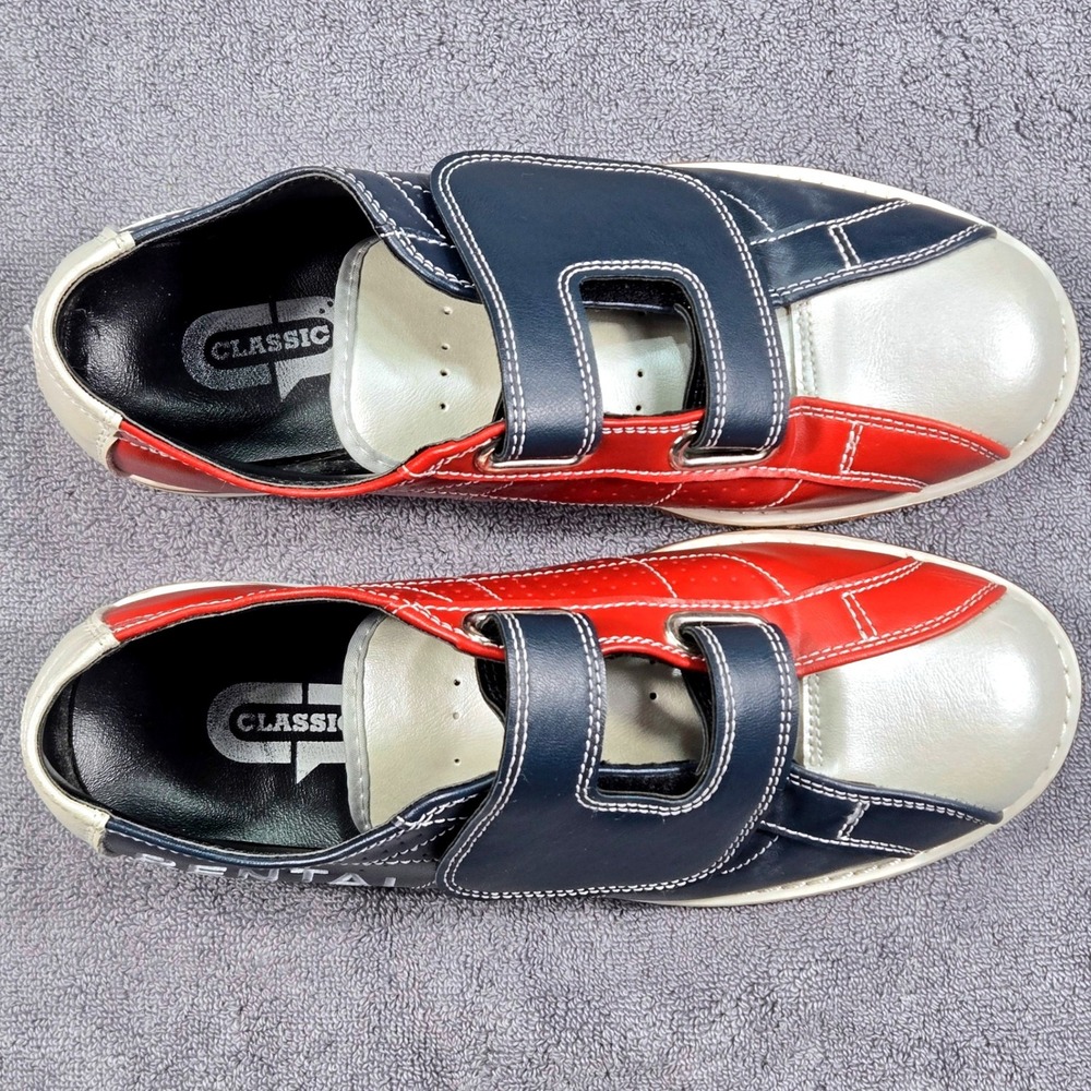 Classic Bowling Shoes Men Size 10 Navy Blue Red Silver Good Rental Hook & Loop - Picture 3 of 8